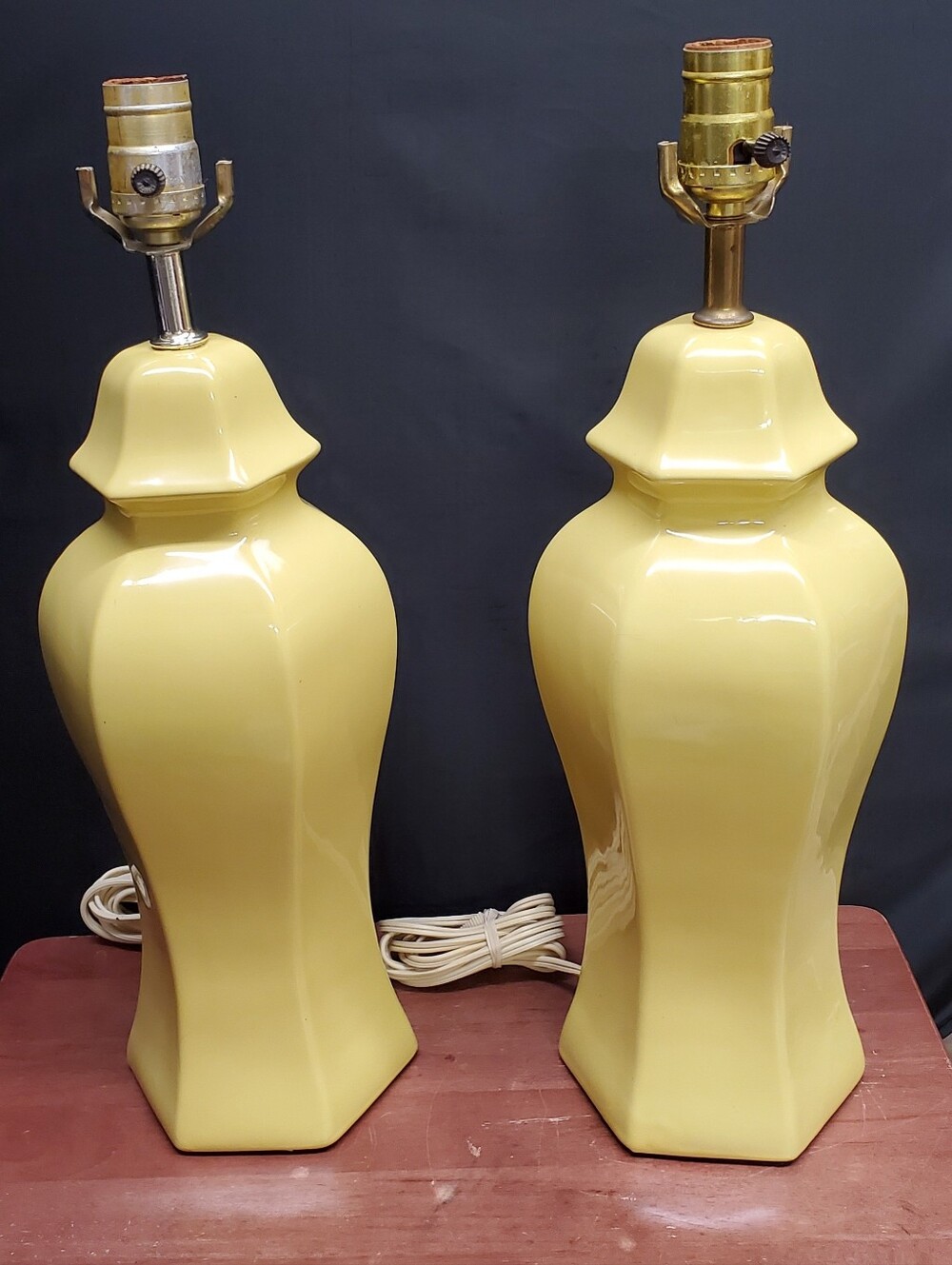 Vintage Lemon Yellow Hexagon Ceramic Table Lamp Pair